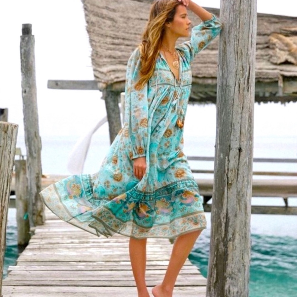 SPELL AND THE GYPSY SEASHELL BOHO DRESS IN BLUE SEAFOAM LARGE GREAT CONDITION